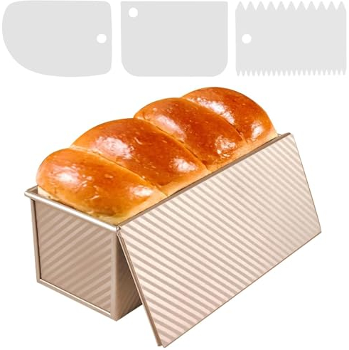 HAPPOW Toastbrot Backform mit Deckel, Toast Backform Gold, Kastenform mit Deckel, Antihaft-Toastbrotform, mit 3 Teigschaber, für Brote Gebäck Kuchen