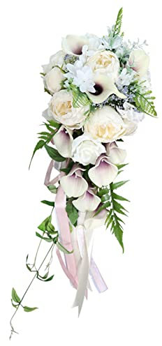 LIGSLN Hochzeits-Wasserfall-Brautstrauß, Wassertropfen, künstlich, weiß, lila, Callalily-Band, hält Blumen, kleine Hochzeitssträuße für die Braut