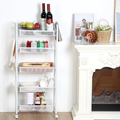 Shienfir 5-Tier Stackable Metal Mesh Storage Basket with Wheels, 2 Hanging Boxes, Fruit and Vegetable Storage Cart, Produce Organizer Bins for Kitchen, Bathroom White