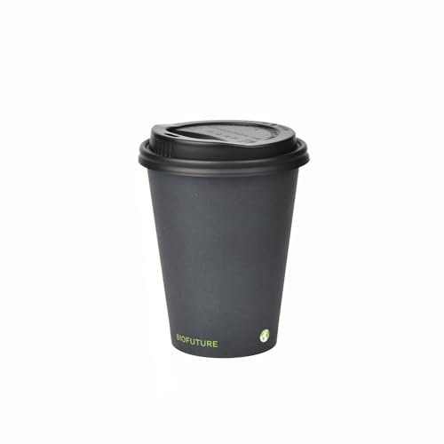 BIOFUTURE Biodegradable Coffee Cups – Black, 50 Count Disposable, 12 Ounce Paper Cups with Lids – Eco-Friendly and 100% Compostable – Ideal for Tea, Coffee, and Hot Drinks (50 Pcs, Black, 12oz)