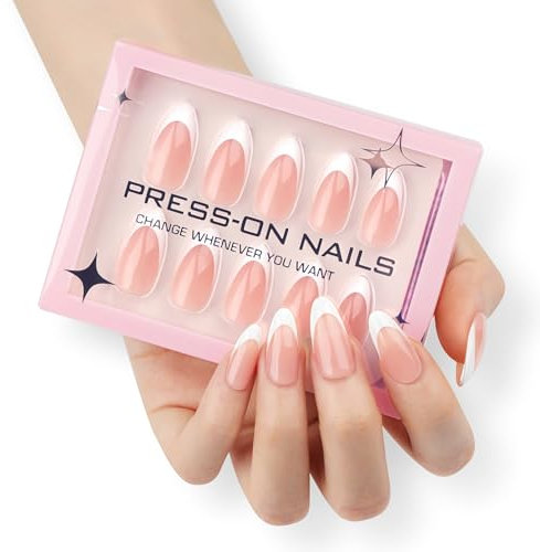 Press On Almond Short False Nails - White Nude French Pattern - Oval Medium Glossy Removable Stick On - Natural Acrylic Full Cover French Tip for Women Art