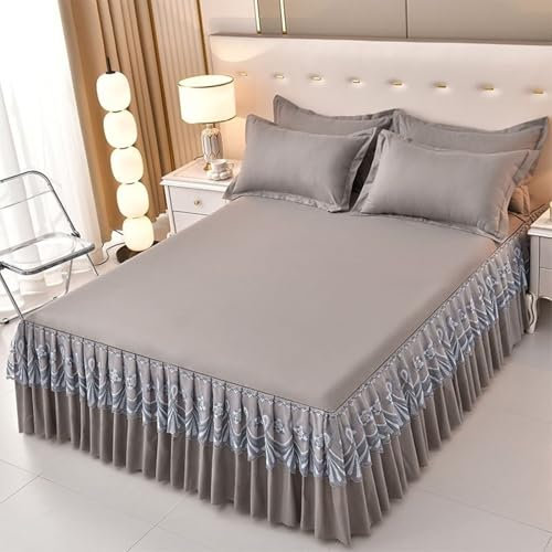 AMDXD 180x200cm Wrap-Around Bettvolant rutschfest, Spitze Bettvolants Einfarbig Grau Matratzenschutz, Polyester Spannbetttücher Winter Unterbett als Schutz für Boxspringbett & Topper