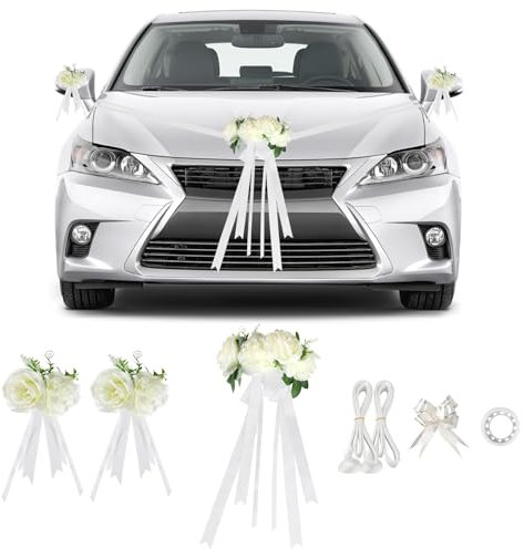 Supaway Blumenschmuck Auto Hochzeit, Autoschmuck Hochzeit Motorhaube Weiß Auto Hochzeitsschmuck Set für Party mit mit 3 Rosen mit Saugnäpfen & 2x4,4m Bänder, 4 Autoschleifen und 1 Klebeband