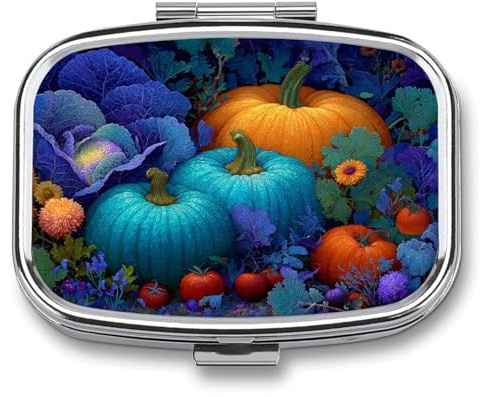 Pillendose mit Herbsternte-Szene, 2 Fächer, tragbar, Medikamentendose, Reise-Pillen-Organizer für Tasche, Geldbörse, Blau / Orange