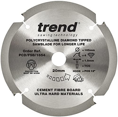 Trend PCD Fibre Cement Circular Saw Blade, 165mm Diameter, 20mm Bore, 4 Teeth, 1.8mm Kerf, +12° Hook, PCD, Coarse Finish, PCD/FSB/1654