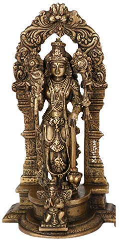 Modfash Brass Lord Bhagwan Vishnu Narayan Statue Idol Murti Holding Club (Gada) Conch Shankh Discus Chakra with Garuda for Home Decor Mandir Pooja Carved Frame with Kirtimuka