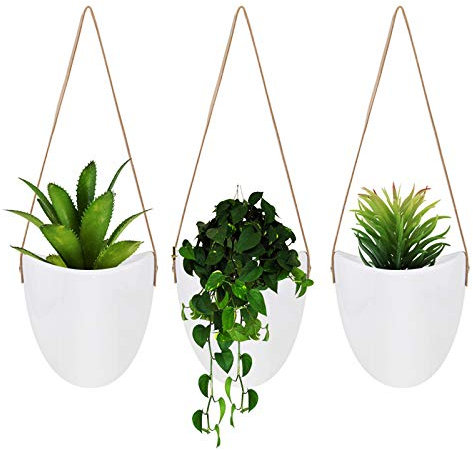 FairyLavie Pot Intérieur de Plantes Succulents Céramique Suspension Murale, Blanc Pot Extérieur Suspendu de Plantes pour Cactus, Lot de Pots Suspendus Maison avec Courroie Cuir, Lot de 3
