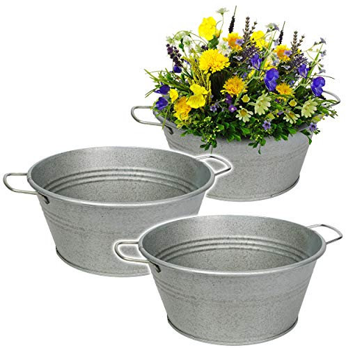 alles-meine.de GmbH 3 Stück Design - Blumentöpfe/Pflanzkübel/Pflanzschale - Metall - metallic grau/anthrazit - 25 cm - RUND - frostsicher - MITTEL groß - mit Henkel - Eim..