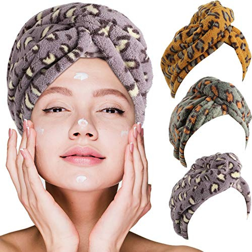3 Stücke Leopard Mikrofaser Haartuch Schnell Trocknen Haarkappe Anti-Kräuseln Lockiges Haartuch Haarturban Mikrofaser Badetuch Hut zum Trocknen von Nassem Haar (Mehrere Farben)