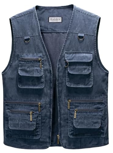 Oralidera Hombre Chaleco Tipo Safari Multibolsillos Chaleco Exterior de Algodón Chaleco de Pesca Fotografía Chaquetas sin Mangas de Trabajo Chaleco de Caza, Azul, L