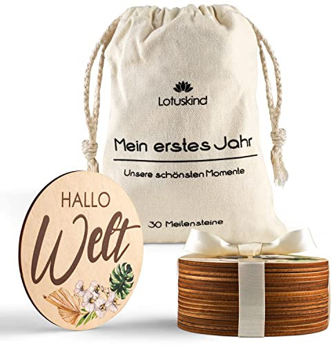 Lotuskind® Meilensteinkarten Baby Holz für Mädchen & Junge (⌀ 10 cm x 3mm) niedliche Baby Meilensteinkarten aus 100% echtem Lindenholz - Meilensteine Geschenk für Babyparty & Schwangerschaft
