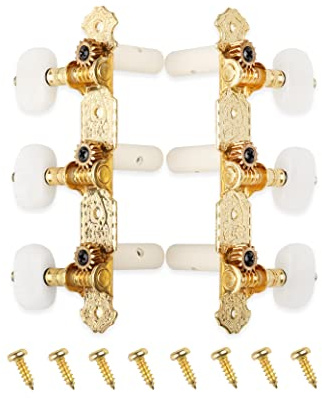 Mr.Power Guitar Tuners Machine Heads 3+3 Set Tuning Keys String Pegs for Classical Guitar (Short Gold, White Button)