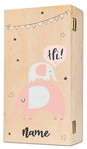 GRAVURZEILE Bedruckte Holzkiste für Kinder- Elefant Rosa Design - Personalisiert mit Wunschtext - ca.32x19x9 cm - Erinnerungsbox Aufbewahrungsbox aus Holz - Farbe: Kleine UV Kiste