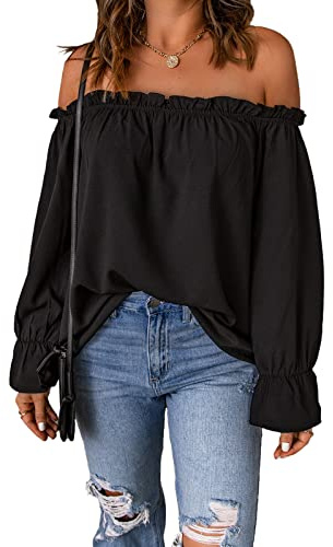 Spriolim Womens Off Shoulder Fashion Blouse Casual Long Sleeve Chiffon Top Shirt Blouses Black, Medium