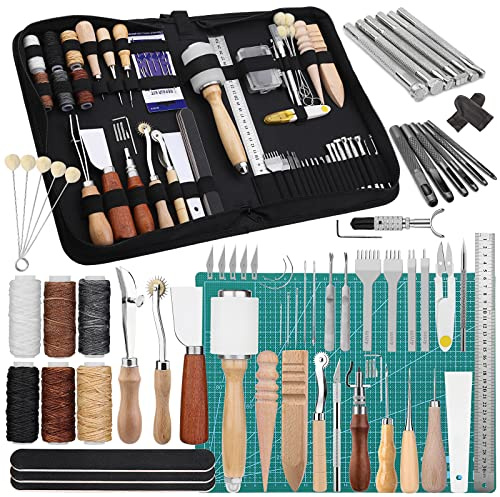 Leather Craft Tools, 60 Pieces Leather Working Tools and Supplies with Storage Bag Cutting Mat Prong Punch Groover Edge Creser Stamping Carving Knife Awl Hammer for Leather Craft Making DIY Sewing