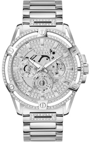 Guess US Men's Silver-Tone Rhinestone Cut-Through Watch