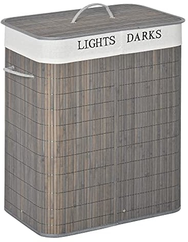 HOMCOM Panier à linge 100L avec 2 bacs bambou pliable couvercle poignée avec Sac amovible et lavable gris