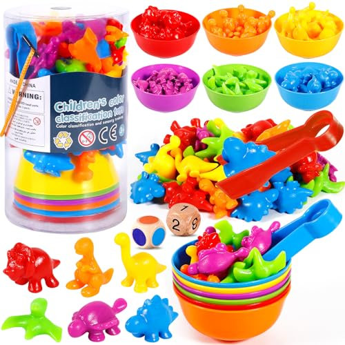 MOOING Farben Lernen ab 2-5Jahre, 48pcs Montessori Mathe Spielzeug, Motorikspielzeug Dinosaurier Zählen, Mathe Lernspielzeug mit Passenden Bechern Und Pinzetten, Jungen Spielzeug Geschenk