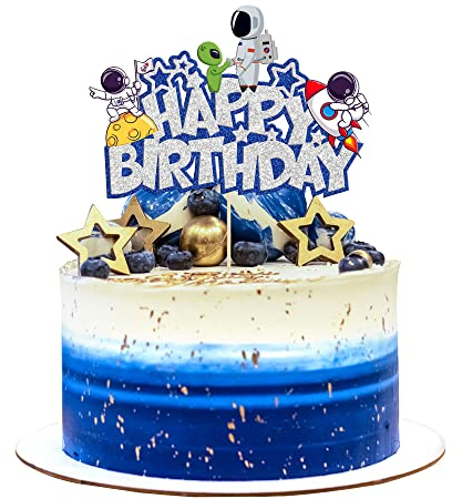 Gyufise 1Pcs Space Happy Birthday Cake Topper Glitter Astronaut Rocket Space Birthday Cake Decorations Outer Space Theme Baby Shower Kids Birthday Party Decorations Supplies