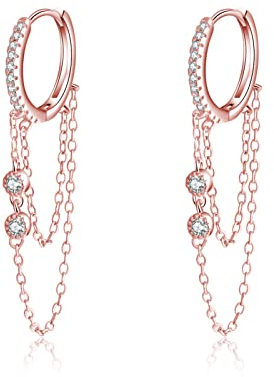 Reffeer Massive 925 Sterling Silber Kette Tropfen Ohrringe Creolen für Frauen Teenager CZ Creolen Kette Ohrringe Baumeln (C-Rose Gold)