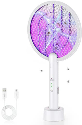 mizikuu Elektrische Fliegenklatsche, 2 in 1 Insektenvernichter USB Wiederaufladbarer Fliegenklatsche Elektro Mückenklatsche UV Mückenlampe Fliegenfänger Abnehmbarer Taschenlampe für Mücken, Fliegen