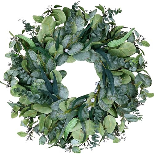 Easy Fine 66 cm Eukalyptus-Kranz für Haustür-Kränze für alle Jahreszeiten, Frühling, Sommer, Herbst, Winter, ganzjährig, alltäglicher Kranz, großer Bauernhaus-Grünkranz, Heim-Haustür-Dekoration