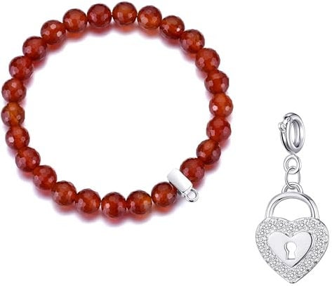 Philip Jones Faceted Carnelian Gemstone Bracelet with Heart Lock Charm Created with Zircondia® Crystals