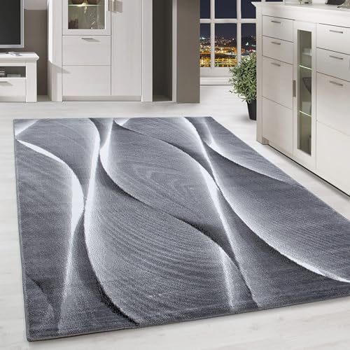 HomebyHome Teppich Wohnzimmer 240x340 cm Grau XL Modern Holz Optik Wellen Design Kurzflor für große Flächen Schlafzimmer Esszimmer Waschbar Pflegeleicht Extra Weich