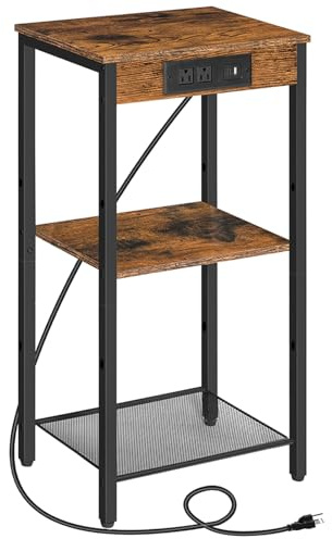 HOOBRO Tall End Table with Charging Station, 30 Inch Slim Tall Nightstand, 3-Tier Narrow Side Table with Adjustable Shelf, for Living Room, Bedroom, Small Space, Hallway, Rustic Brown BF09UDH01G1