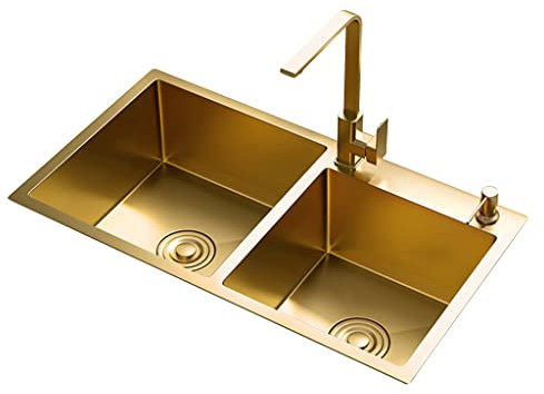 Fregadero. Fregadero Nano Dorado con Grifo Cuadrado, Fregadero Doble, Fregadero de Acero Inoxidable de Gran Capacidad, Fregadero de Barra, Fregadero de baño, Fregadero de balcón