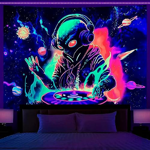 OSVINO Schwarzlicht Außerirdischer Wandteppich 130X150CM Tapisserie UV-reaktiv Außerirdischer DJing mit Kopfhörern Tapisserie Sonne Planet Poster Wandbehang für Schlafzimmer Wohnzimmer