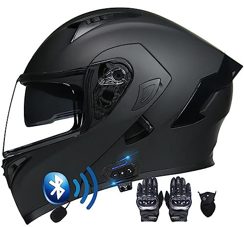 Letetexi Casques Moto Modulable avec Anti-buée Double Visière Casque Scooter Racing avec Gants et Masque Casque Motocross Intégraux Homologué ECE Bluetooth Homme Femme S~XXL