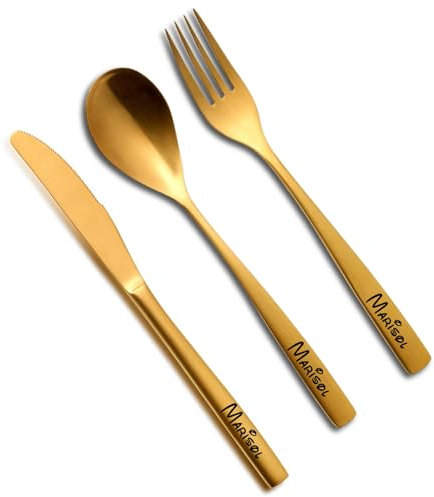 Cuchillo, tenedor, cuchara de acero inoxidable con grabado, dorado, texto o nombre personalizado, Modelo Comas BCN Barcelona, sueltos o en juego, cubiertos con texto