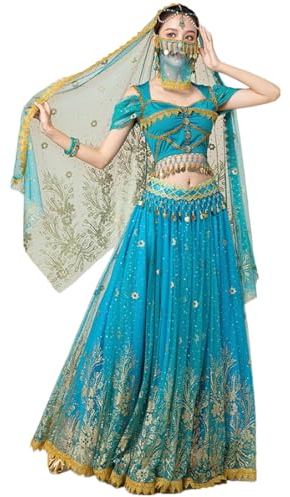 OTMYIGO Adulte Princesse Festival Danse du Ventre Haut Robe Ensemble Indien Sari Jasmine Halloween Cosplay Costume Bollywood Rave compétition Tenue,Bleu,XL