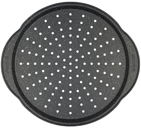 Salter BW12807EU7 Megastone Pizza Pan – 36 cm Non-Stick Perforated Crisper Tray With Handles, Large Oven Baking Tin For Pizzas, 12-Inch Durable Carbon Steel Chip Tray, PFOA-Free, Oven Safe Up To 220°C
