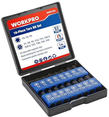 WORKPRO Juego de Puntas para Destornillador 16 Piezas, Juego de Brocas de Taladro de 1/4, Cabezal S2 TORX, Destornillador de Tuercas Magnéticas, con Caja de Almacenaje