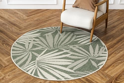 AKCILA Rund Outdoor-Teppich Brussels mit Palmenblättern, Grün, 140 cm - Wetterfester Sisalteppich für Terrasse, Balkon und Küche, Waschbar