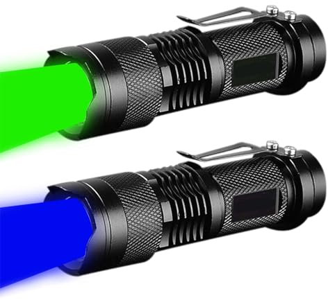 MVIOCS Confezione da 2 torce a LED, mini torcia a LED rossa, verde, blu, con 3 modalità, impermeabile, zoomabile, per campeggio, attività all'aperto, astronomia notturna (blu e verde)