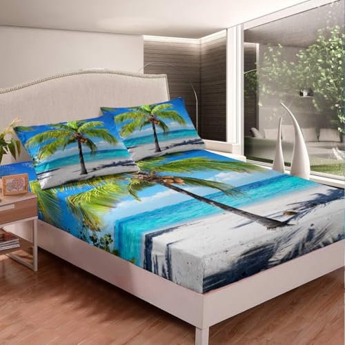 TACOKI 3D Hawaii Spannbettlaken 160x200cm, Strand Weiches Mikrofaser Bettlaken für Erwachsene, Bettlaken Spannbetttuch 160x200 bis 30 cm Matratzenhöhe mit 2 kissenbezüge c2567