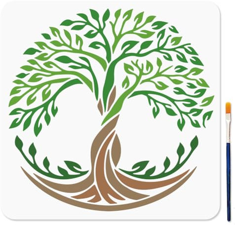 MAYJOYDIY Große Baumschablone 30 × 30cm Lebensbaum Wandkunst Vorlage Mit Pinsel Blättern Und Pflanzen Wiederverwendbare Kunststoffschablone Zum Malen Auf Holz Wänden Und Stoffen Heimdekoration