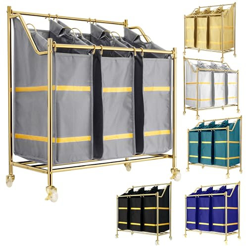Luxuriöser Wäschesortierer mit 3 Fächern, Roll-Wäschesammler, moderner goldener Wäschekorb, 3 Taschen, Wäschekorb mit Rollen, Wäschekorb, XL-Korb für Kleidung, Spielzeug und Handtücher (kühles Grau)