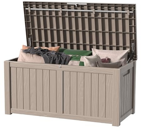 MAIUSCOLI 150 Gallon Waterproof Outdoor Storage Box,Resin Deck Box,Lockable Outside Storage Box Container for Patio Furniure,Garden,Tools (150 Gallon,Grey)