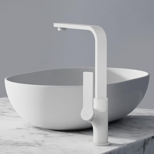 EMKE Küchenarmatur Weiß Matt im Ultradünnen Design, 30x22x10 cm Küchenarmatur, 360° Drehbar Wasserhahn Küche, Einhebelmischer Edelstahl für Moderne Küchen