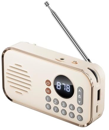 FYOBOT Radio FM Portátil Recargable Pequeño Altavoz Bluetooth Inalámbrico Sonido Estéreo Envolvente USB Radios Vintage Color Crema