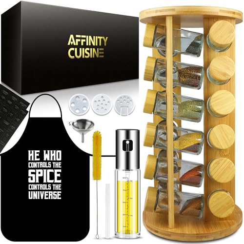 𝐀𝐟𝐟𝐢𝐧𝐢𝐭𝐲 𝐂𝐮𝐢𝐬𝐢𝐧𝐞 Gewürzgläser Set 24-teilig, 120ml, Bambus-Drehständer 360°, inkl. Trichter, Reinigungsbürste, Etiketten & Stift, Schürze & Ölspender – Umweltfreundlicher Gewürz Organiz