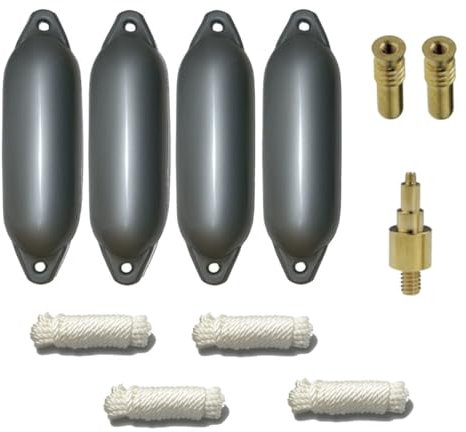 12skipper Bootsfender 4er-Set mit 4 Majoni Star 15 Fender inkl. 4 Fenderleinen, 2 Ersatzventilen, 1 Ventiladapter - Silber, 45 x 12cm