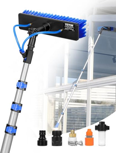 VEVOR 3.6m Cleaning Pole with Extendable Handle, 180° Rotatable Brush Head & 20m Hose, Household & Outdoor Window Cleaner Tool for Caravan Solar Panel Deck, Blue