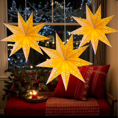 Johiux Weihnachten Papierstern mit Beleuchtung,3 Stück 45cm Weihnachtsstern Beleuchtet Außen und Innen,3D-Leuchtstern Fenster weihnachtsdeko,Papiersterne zum Aufhängen Led Stern Fenster für Tischdeko.