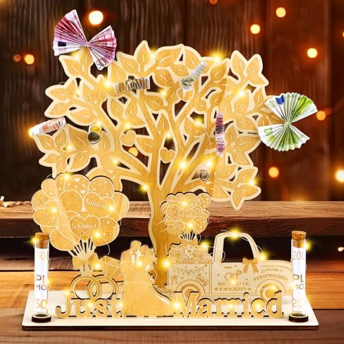 FTUREERA Regalo di denaro, matrimonio, regalo di nozze per coppia di sposi, regalo di nozze, soldi in legno con catena luminosa a LED, albero della vita, regalo