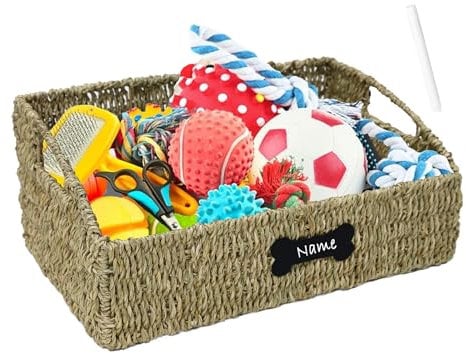 Ctomche Dog Toy Box,Trapezoid Dogs Toy Basket with Handle,Natural Handwoven Pet Storage Bin,Wooden Chest Stuff Orgniser for Cat Puppy Toy,Food Treat, Leashes, Blanket-Personalized Name Pad